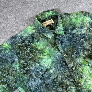 Johari West Shirt Mens XL Green Blue Fish Print Batik Hawaiian Button Front